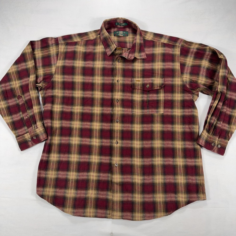 VTG Orvis Plaid Flannel Button Down Shirt 100% Cotton XL Burgundy Long Sleeve